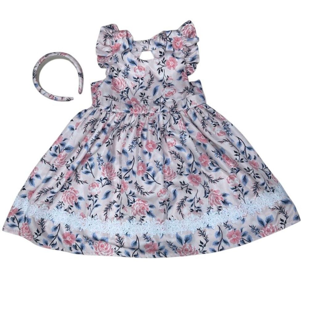 Tahari Ruffle Dress Girls Size 6 Pink Floral Flutter Sleeve W/ Matching Headband